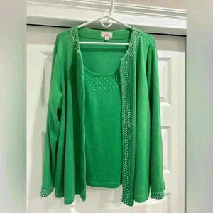 Quacker Factory Womens 1X Sweater Cardigan Attached Tank Top Green Embellished